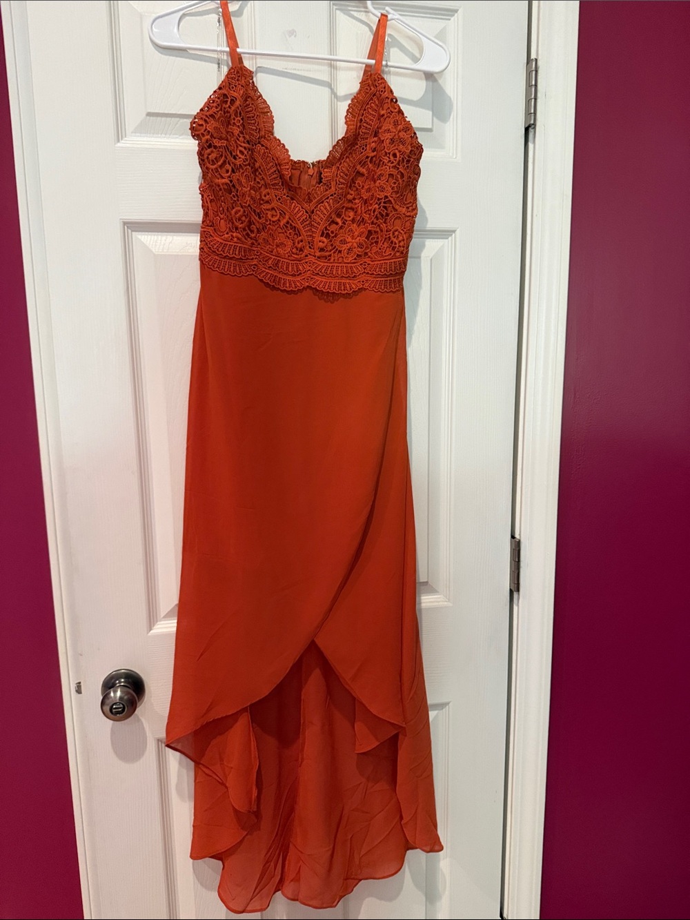 BLASHE. High-Low Spaghetti Strap Lace Bodice Dress in Burnt Orange